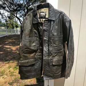 Vintage Cignal Genuine Leather Safari Field Jacket Mens Large‎ Brown Pocket Coat